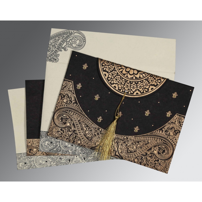 BLACK HANDMADE COTTON EMBOSSED WEDDING CARD : SO-8234A - IndianWeddingCards