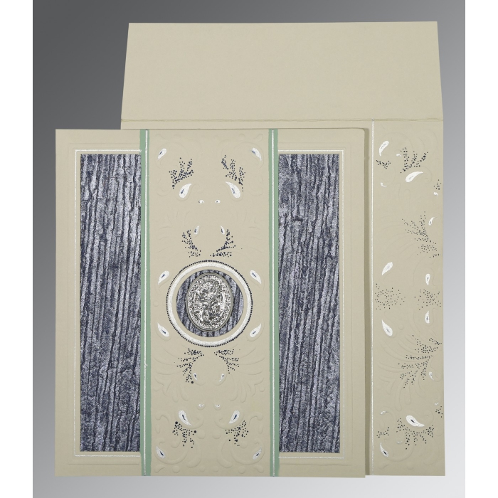 FOSSIL GREY MATTE EMBOSSED WEDDING CARD : I-1261 - IndianWeddingCards