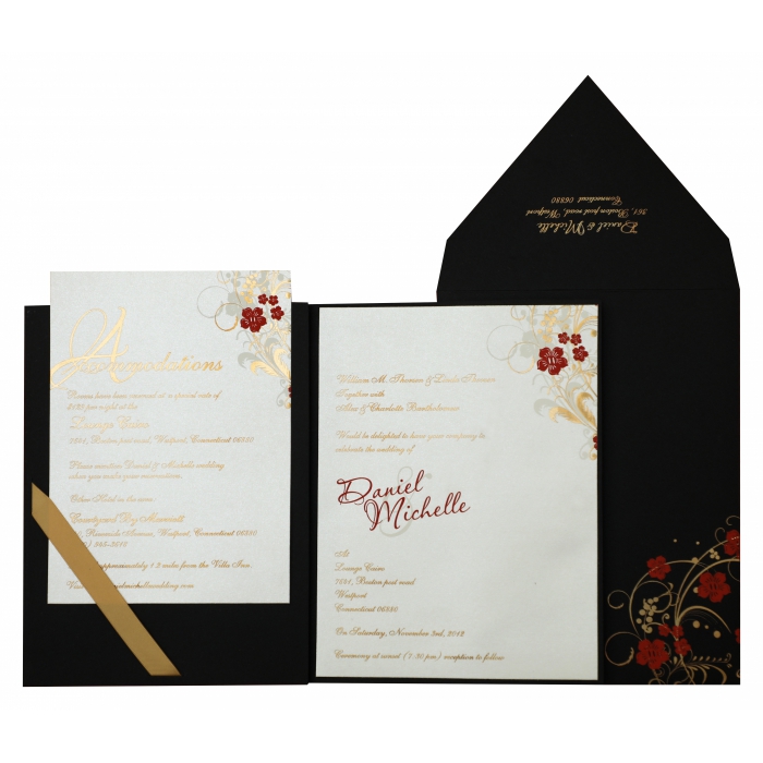 BLACK MATTE FLORAL THEMED - FOIL STAMPED WEDDING INVITATION : C-836 - IndianWeddingCards