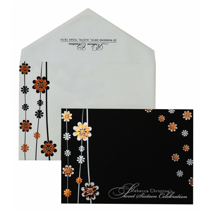 BLACK MATTE FLORAL THEMED - FOIL STAMPED PARTY CARDS : PY-887 - IndianWeddingCards