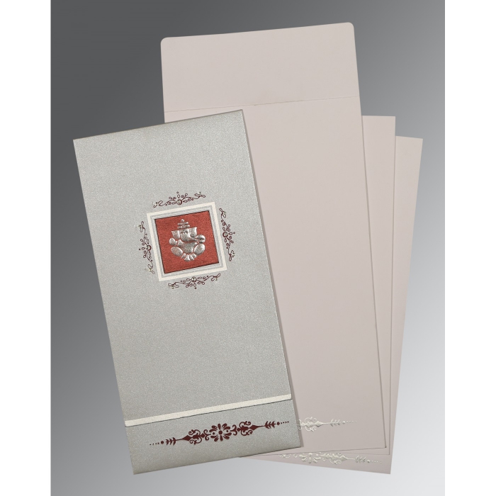 LIGHT GREY SHIMMERY EMBOSSED WEDDING CARD : IN-1427 - IndianWeddingCards