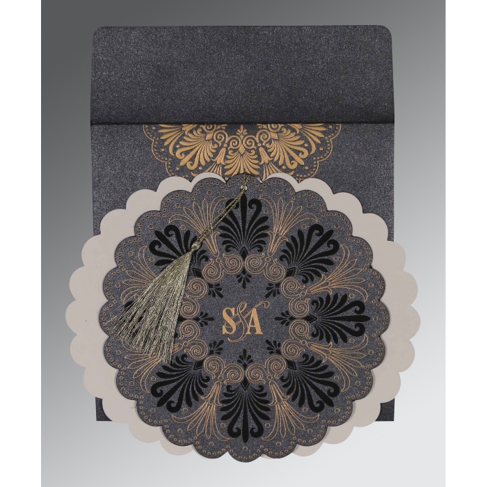 GRAPHITE GREY SHIMMERY FLORAL THEMED - EMBOSSED WEDDING CARD : I-8238D - IndianWeddingCards