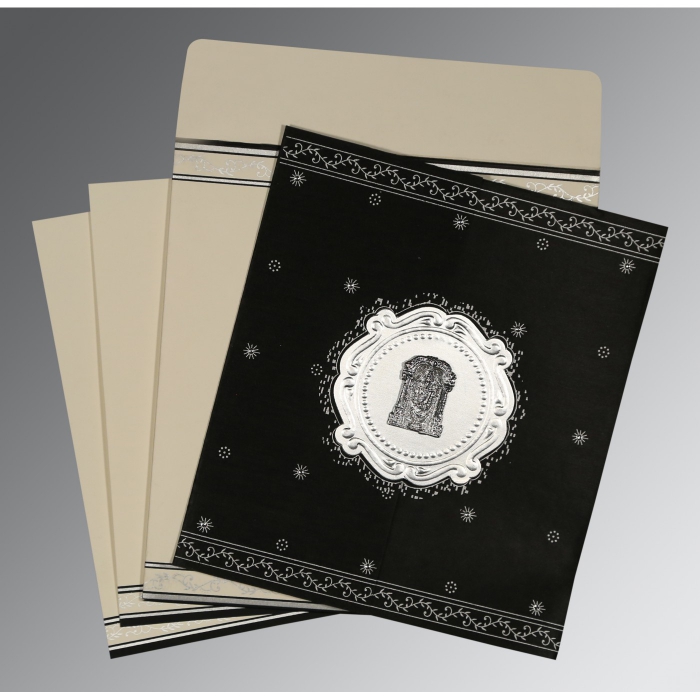 BLACK SILVER SHIMMERY EMBOSSED WEDDING INVITATION : IN-8202L - IndianWeddingCards