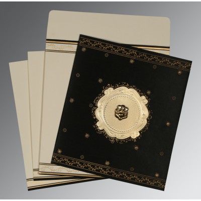 BLACK WOOLY EMBOSSED WEDDING INVITATION : IN-8202K - IndianWeddingCards