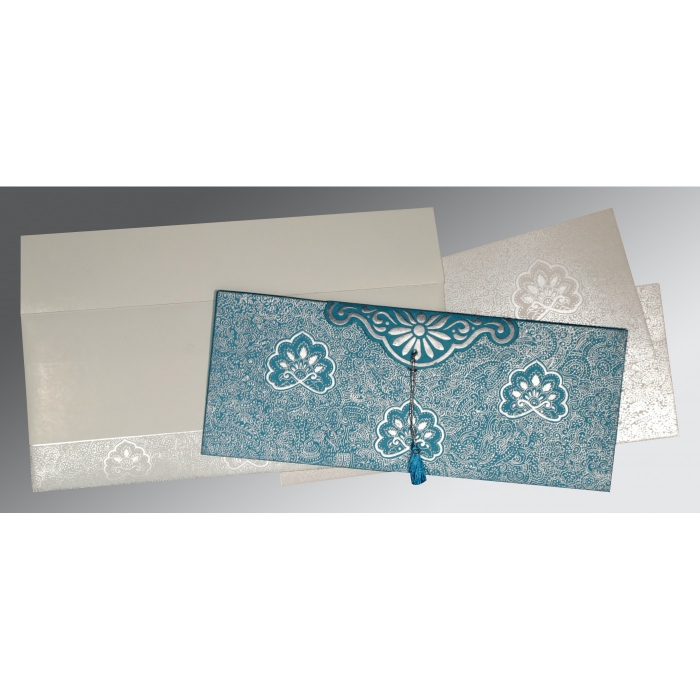 TEAL BLUE HANDMADE COTTON EMBOSSED WEDDING INVITATION : I-1410 - IndianWeddingCards