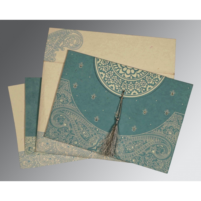 BURMUDA GREY HANDMADE COTTON EMBOSSED WEDDING CARD : IN-8234E - IndianWeddingCards