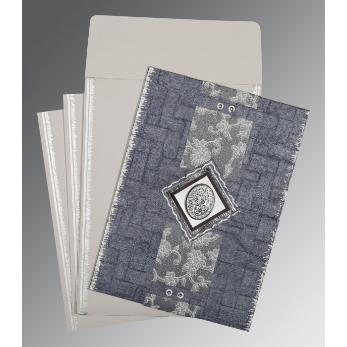 GRAYISH BLUE HANDMADE COTTON SCREEN PRINTED WEDDING CARD : I-1277 - IndianWeddingCards