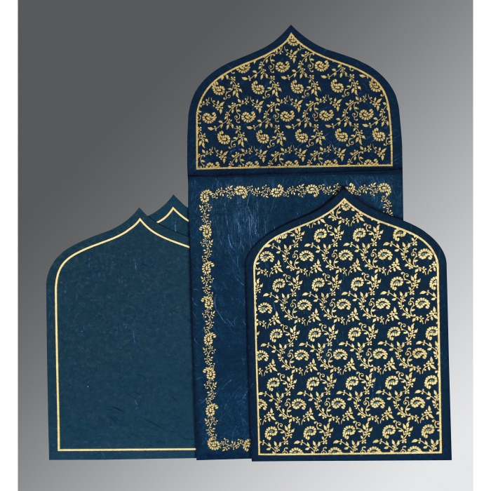 TEAL BLUE HANDMADE SILK GLITTER WEDDING INVITATION : I-8208B - IndianWeddingCards