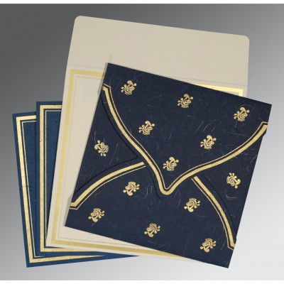 BLUE HANDMADE SILK UNIQUE THEMED - SCREEN PRINTED WEDDING CARD : I-8203B - IndianWeddingCards