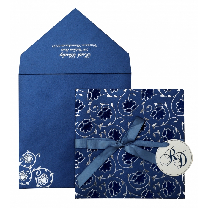 BLUE IVORY SHIMMERY FLORAL THEMED - FOIL STAMPED WEDDING INVITATION : W-839 - IndianWeddingCards