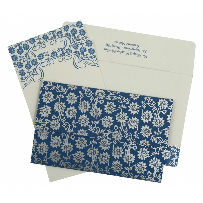 BLUE MATTE FLORAL THEMED - SCREEN PRINTED WEDDING INVITATION : I-810A - IndianWeddingCards