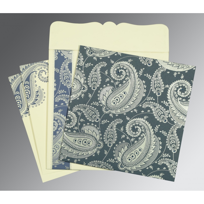 TEAL BLUE MATTE SCREEN PRINTED WEDDING CARD : IN-8250E - IndianWeddingCards