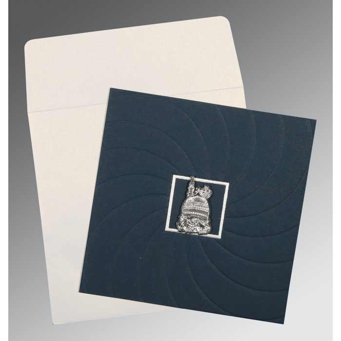 PRUSSIAN BLUE MATTE POCKET THEMED - EMBOSSED WEDDING CARD : I-1436 - IndianWeddingCards