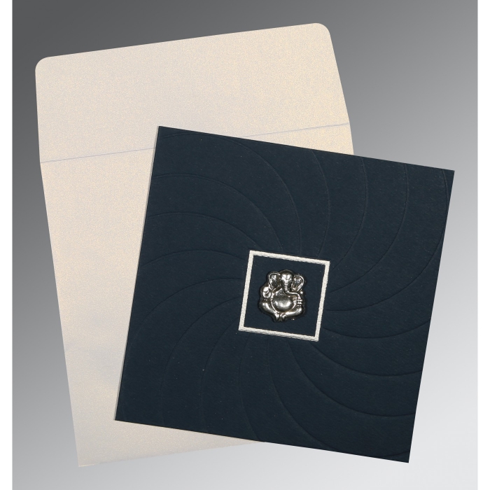 PRUSSIAN BLUE MATTE POCKET THEMED - EMBOSSED WEDDING CARD : W-1436 - IndianWeddingCards
