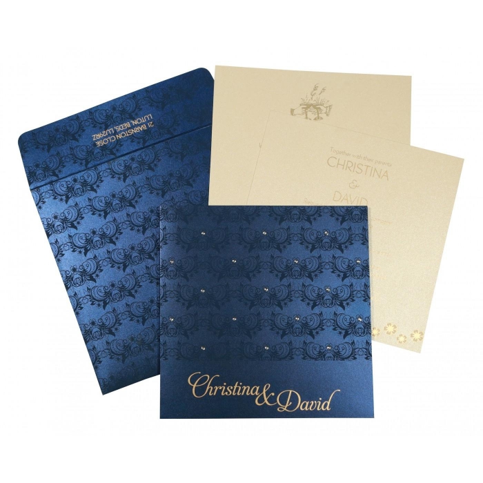 BLUE SHIMMERY BUTTERFLY THEMED - SCREEN PRINTED WEDDING CARD : W-8258A - IndianWeddingCards