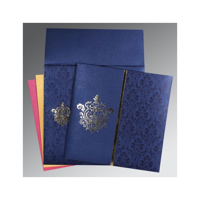 BLUE SHIMMERY DAMASK THEMED - FOIL STAMPED WEDDING CARD : W-1503 - IndianWeddingCards