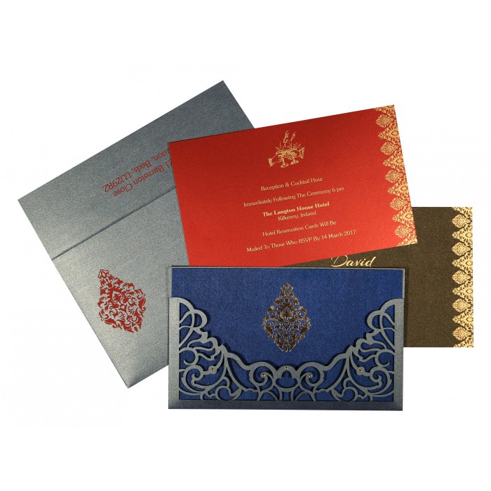 MEDIUM GREY SHIMMERY DAMASK THEMED - LASER CUT WEDDING CARD : IN-8262E - IndianWeddingCards