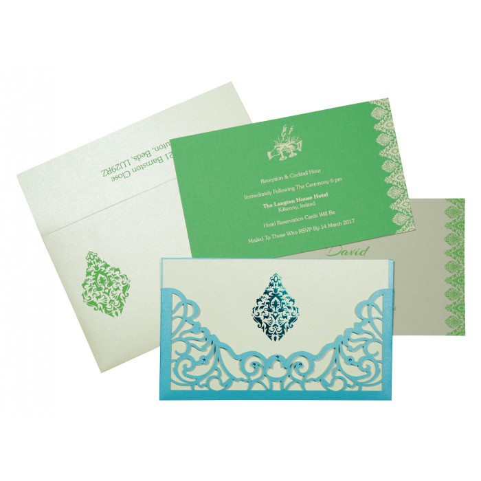 CYAN BLUE SHIMMERY DAMASK THEMED - LASER CUT WEDDING CARD : W-8262A - IndianWeddingCards