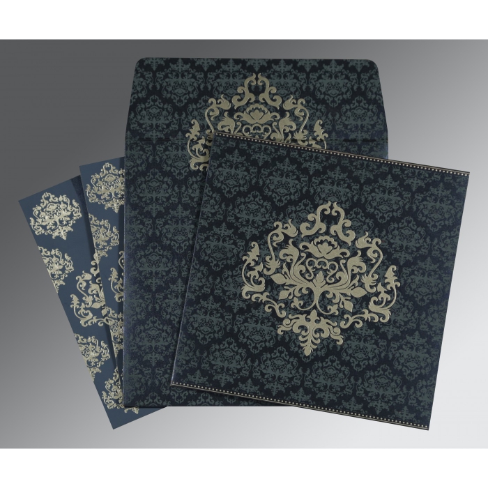 BLUE SHIMMERY DAMASK THEMED - SCREEN PRINTED WEDDING CARD : IN-8254C - IndianWeddingCards