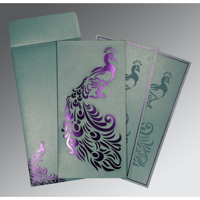 MOON STONE SHIMMERY PEACOCK THEMED - LASER CUT WEDDING INVITATION : IN-8255E - IndianWeddingCards