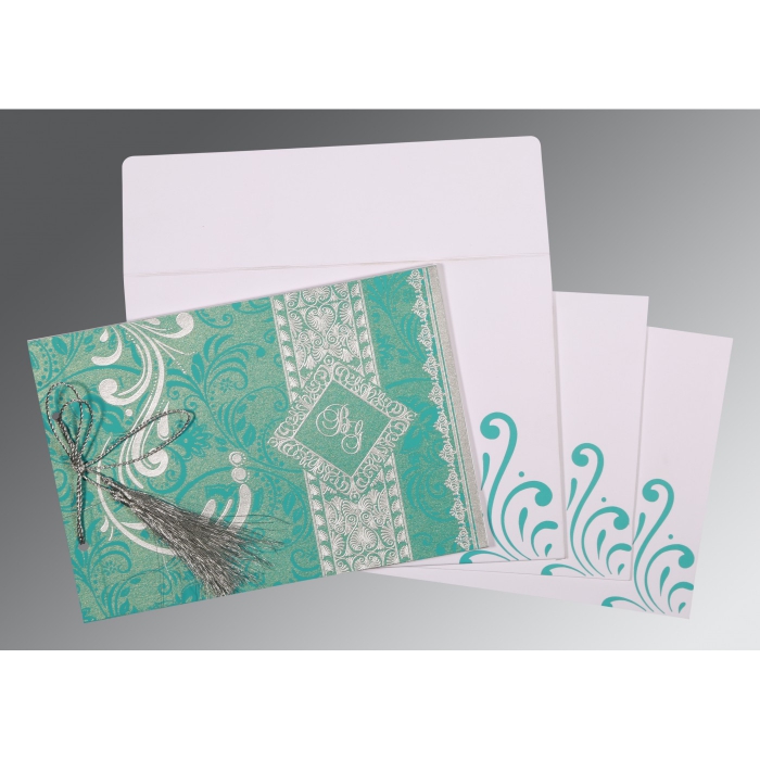 TURQUOISE SHIMMERY SCREEN PRINTED WEDDING CARD : IN-8223H - IndianWeddingCards