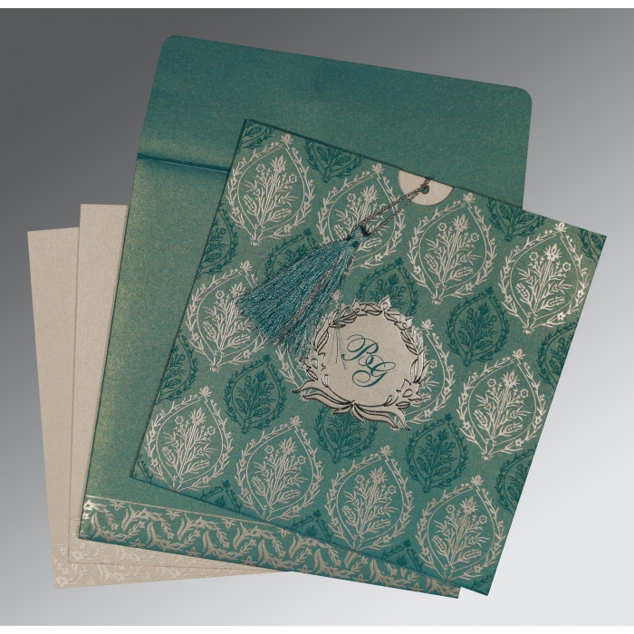 TEAL BLUE SHIMMERY UNIQUE THEMED - FOIL STAMPED WEDDING CARD : IN-8249D - IndianWeddingCards