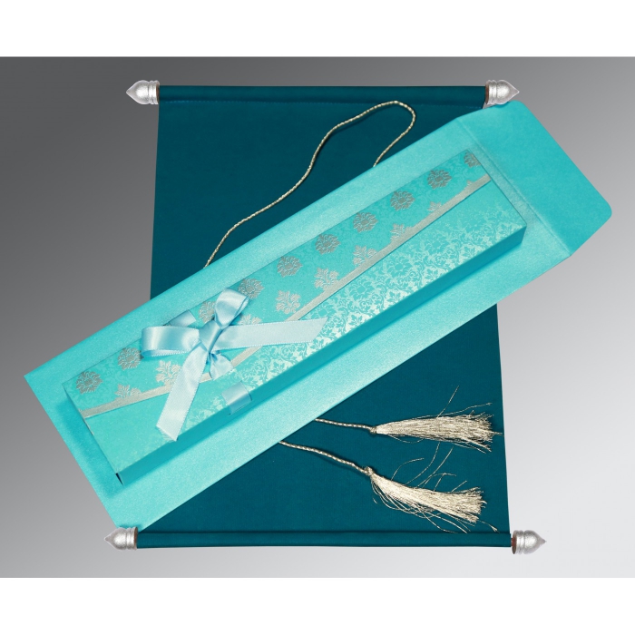 TEAL BLUE VELVET WEDDING INVITATION : SC-5016E - IndianWeddingCards