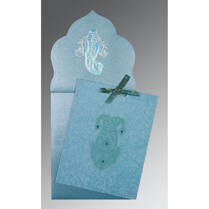 TOPAZ BLUE WOOLY SCREEN PRINTED WEDDING INVITATION : I-1382 - IndianWeddingCards