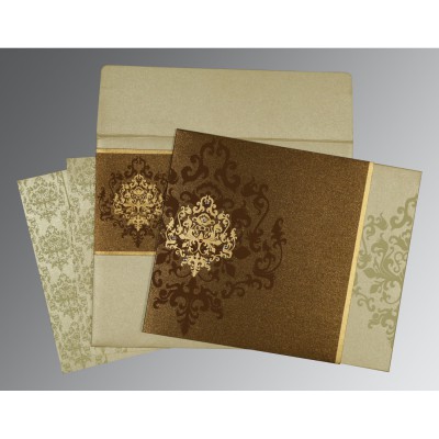BROWN IVORY SHIMMERY DAMASK THEMED - SCREEN PRINTED WEDDING CARD : RU-8253A - IndianWeddingCards