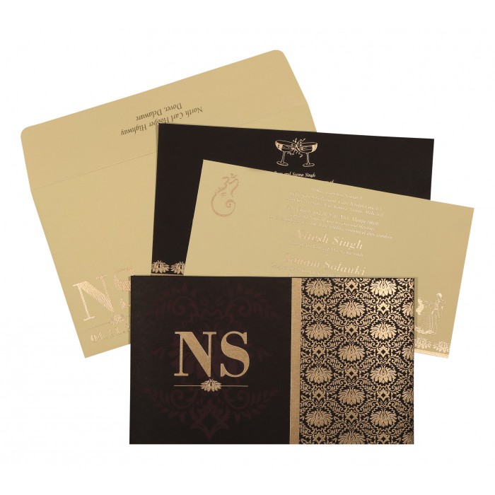 DARK GREY MATTE DAMASK THEMED - SCREEN PRINTED WEDDING INVITATION : IN-8261G - IndianWeddingCards