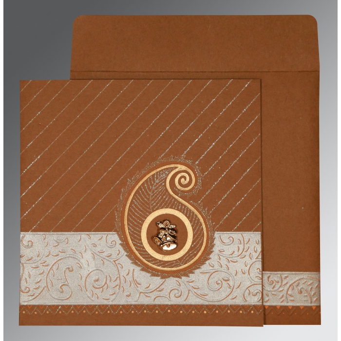 DARK ORANGE MATTE EMBOSSED WEDDING CARD : C-1178 - IndianWeddingCards