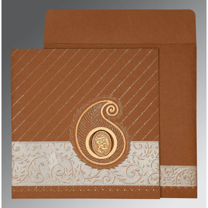 DARK ORANGE MATTE EMBOSSED WEDDING CARD : I-1178 - IndianWeddingCards