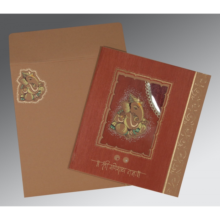 RED BROWN MATTE EMBOSSED WEDDING CARD : IN-2145 - IndianWeddingCards