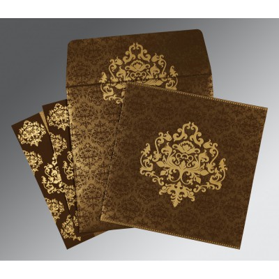 BROWN SHIMMERY DAMASK THEMED - SCREEN PRINTED WEDDING CARD : IN-8254F - IndianWeddingCards