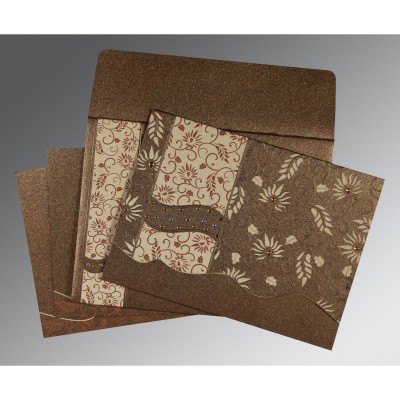 BROWN SHIMMERY EMBOSSED WEDDING INVITATION : IN-8236I - IndianWeddingCards