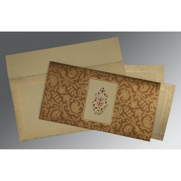 BROWN CREAM SHIMMERY EMBOSSED WEDDING INVITATION : I-1426 - IndianWeddingCards