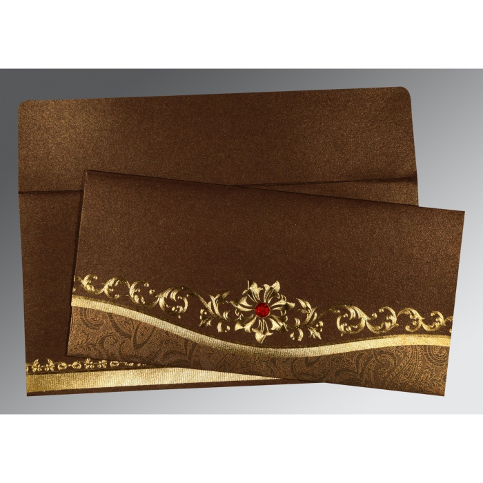 METALLIC BROWN SHIMMERY FOIL STAMPED WEDDING INVITATION : RU-1499 - IndianWeddingCards
