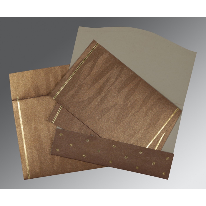 LIGHT BROWN SHIMMERY POCKET THEMED - FOIL STAMPED WEDDING CARD : I-1413 - IndianWeddingCards