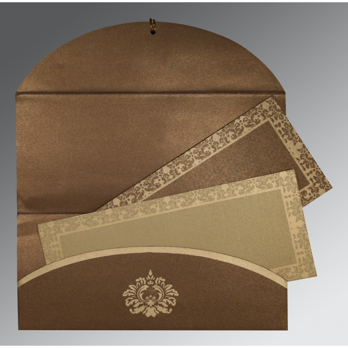 COFFEE BROWN SHIMMERY SCREEN PRINTED WEDDING INVITATION : IN-1500 - IndianWeddingCards