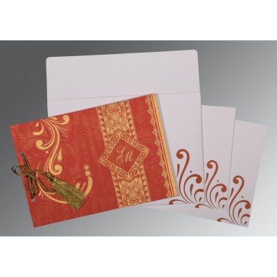 BURNT ORANGE SHIMMERY SCREEN PRINTED WEDDING CARD : I-8223C - IndianWeddingCards