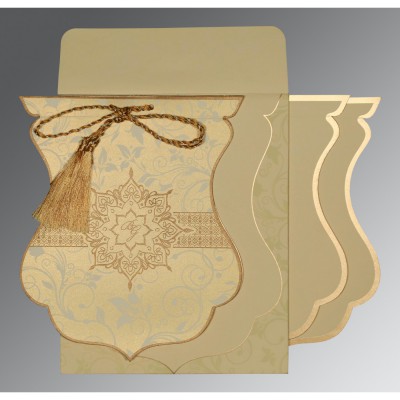 CREAM SHIMMERY UNIQUE THEMED - SCREEN PRINTED WEDDING CARD : I-8229A - IndianWeddingCards