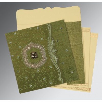 GREEN GOLD SHIMMERY FLORAL THEMED - EMBOSSED WEDDING CARD : IN-8209E - IndianWeddingCards