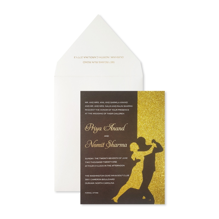 GOLD MATTE LASER CUT WEDDING INVITATION : CSHINY-DANCING-STARS - IndianWeddingCards