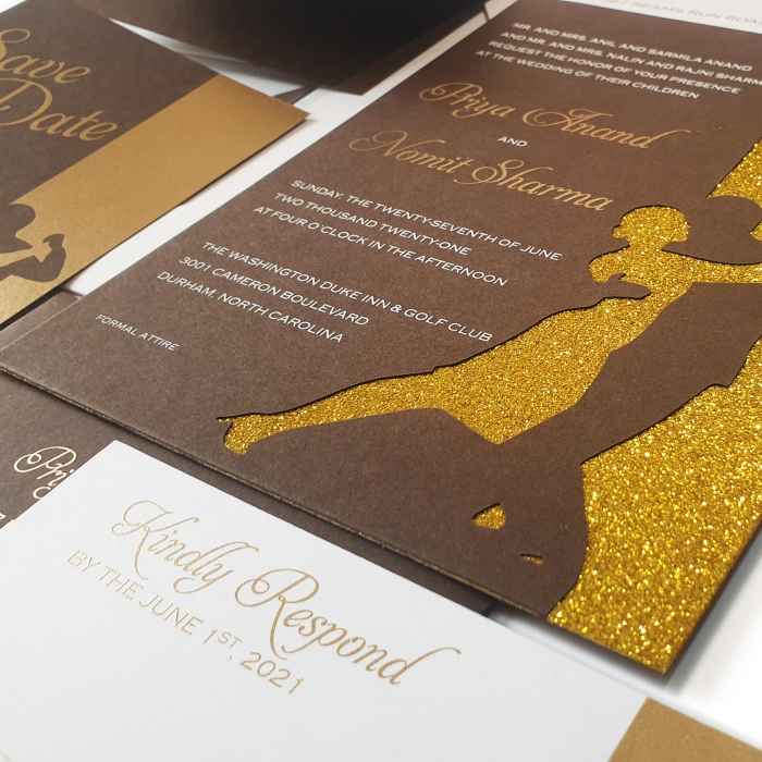 GOLD MATTE LASER CUT WEDDING INVITATION : CSHINY-DANCING-STARS - IndianWeddingCards