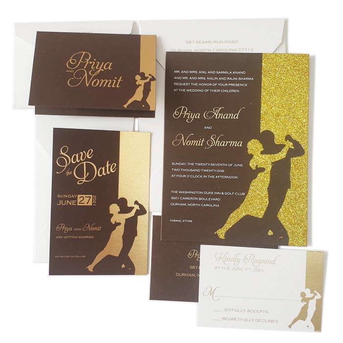 GOLD MATTE LASER CUT WEDDING INVITATION : CSHINY-DANCING-STARS - IndianWeddingCards