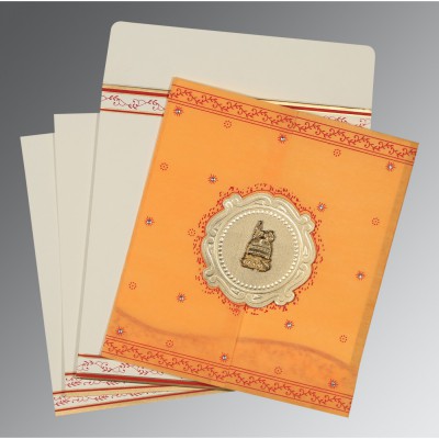 GOLD ORANGE SHIMMERY EMBOSSED WEDDING INVITATION : I-8202B - IndianWeddingCards