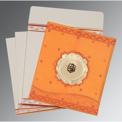 GOLD ORANGE SHIMMERY EMBOSSED WEDDING INVITATION : W-8202B - IndianWeddingCards