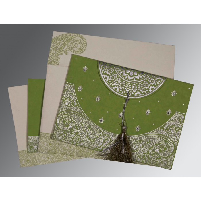 DARK OLIVE GREEN HANDMADE COTTON EMBOSSED WEDDING CARD : IN-8234C - IndianWeddingCards
