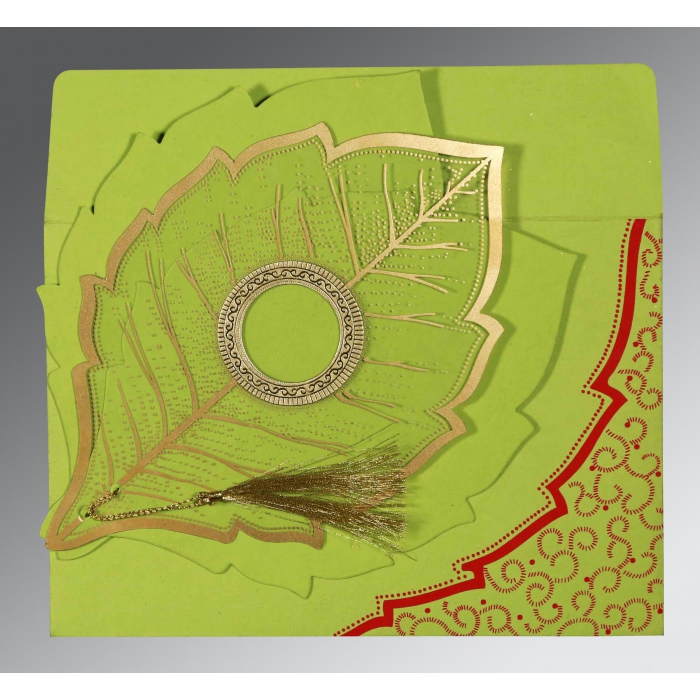 PARROT GREEN TRANSPARENT HANDMADE COTTON FLORAL THEMED - FOIL STAMPED WEDDING CARD : I-8219A - IndianWeddingCards