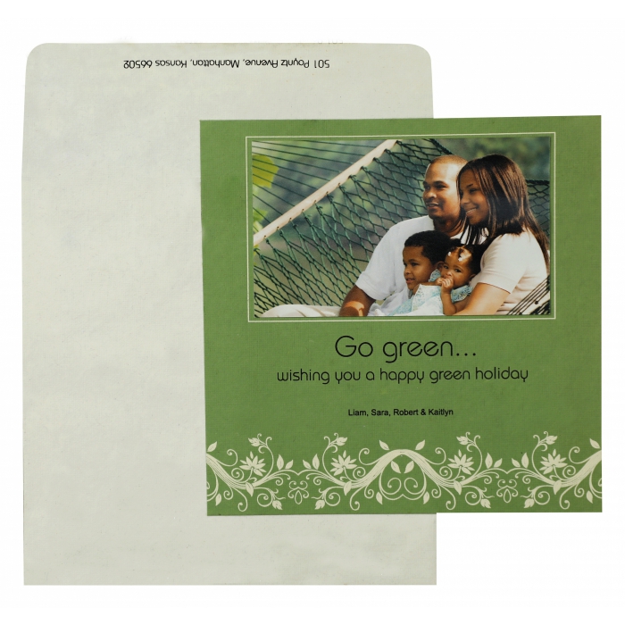 GREEN HANDMADE COTTON FLORAL THEMED - SCREEN PRINTED HOLIDAY CARDS : H-861 - IndianWeddingCards